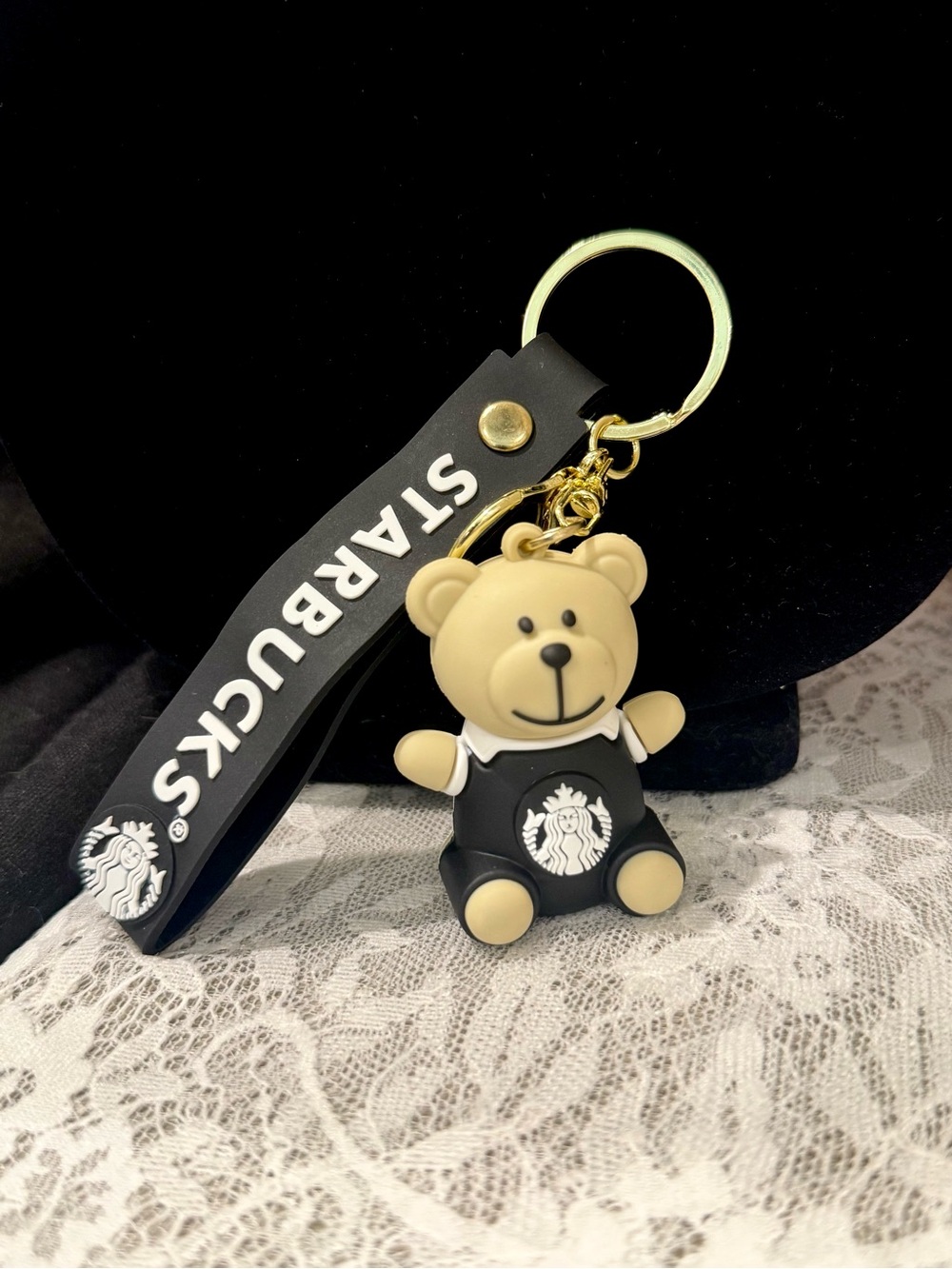 Starbucks Beige Bear Keychain with Black Strap